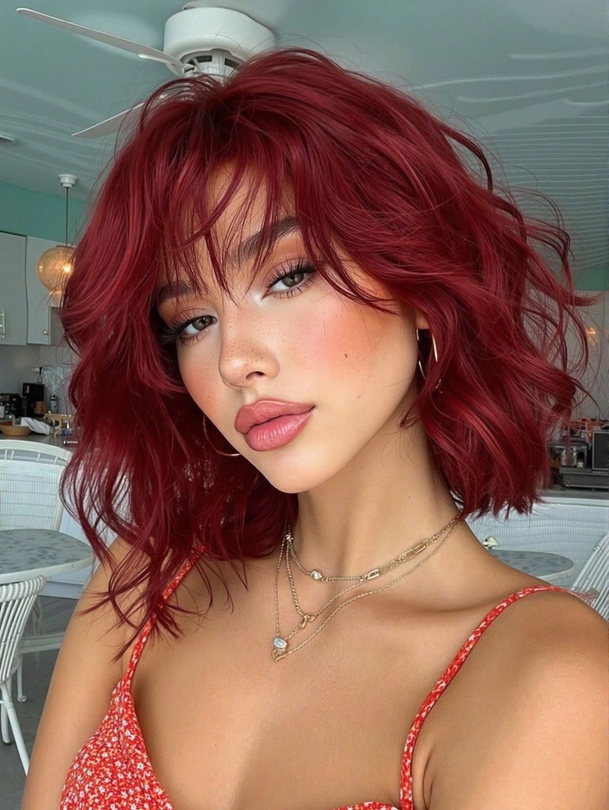 Color rojo cereza en corte bob con capas