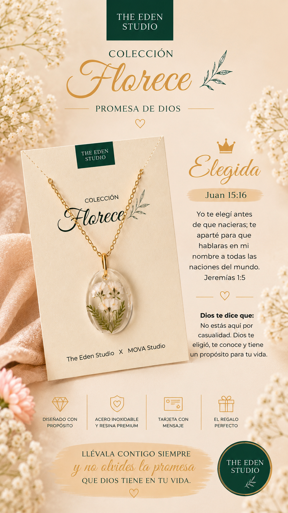 Collar Elegida de la colección Florece con flores blancas prensadas en resina y tarjeta beige