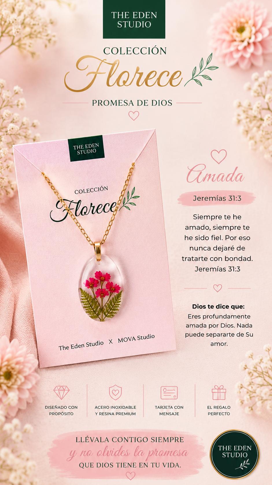 Collar Amada de la colección Florece con flores rosas prensadas en resina y tarjeta rosa