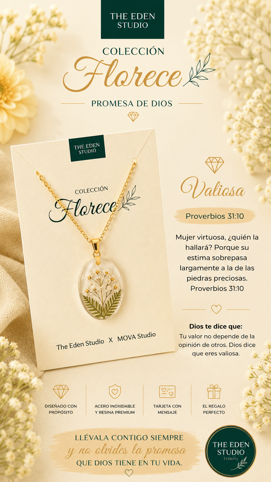 Collar Valiosa de la colección Florece con margaritas blancas prensadas en resina y tarjeta crema