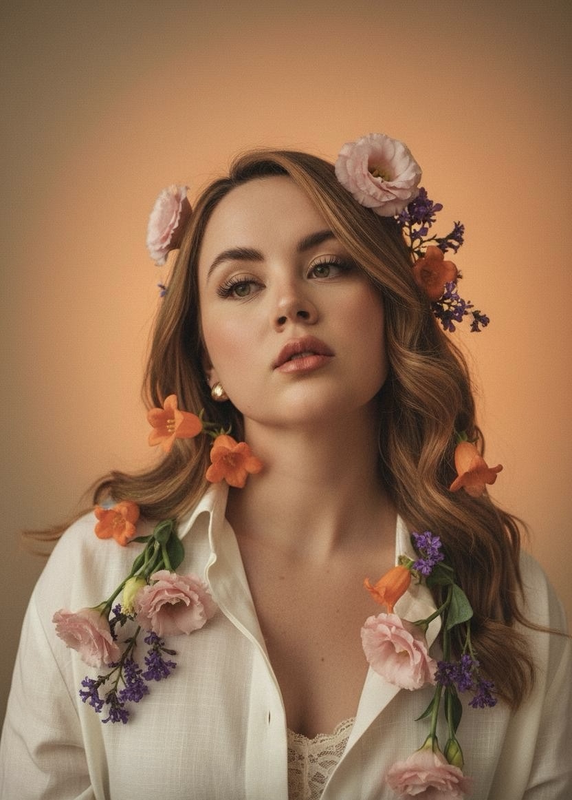 Rubí, fundadora de The Eden Studio, con flores y luz cálida