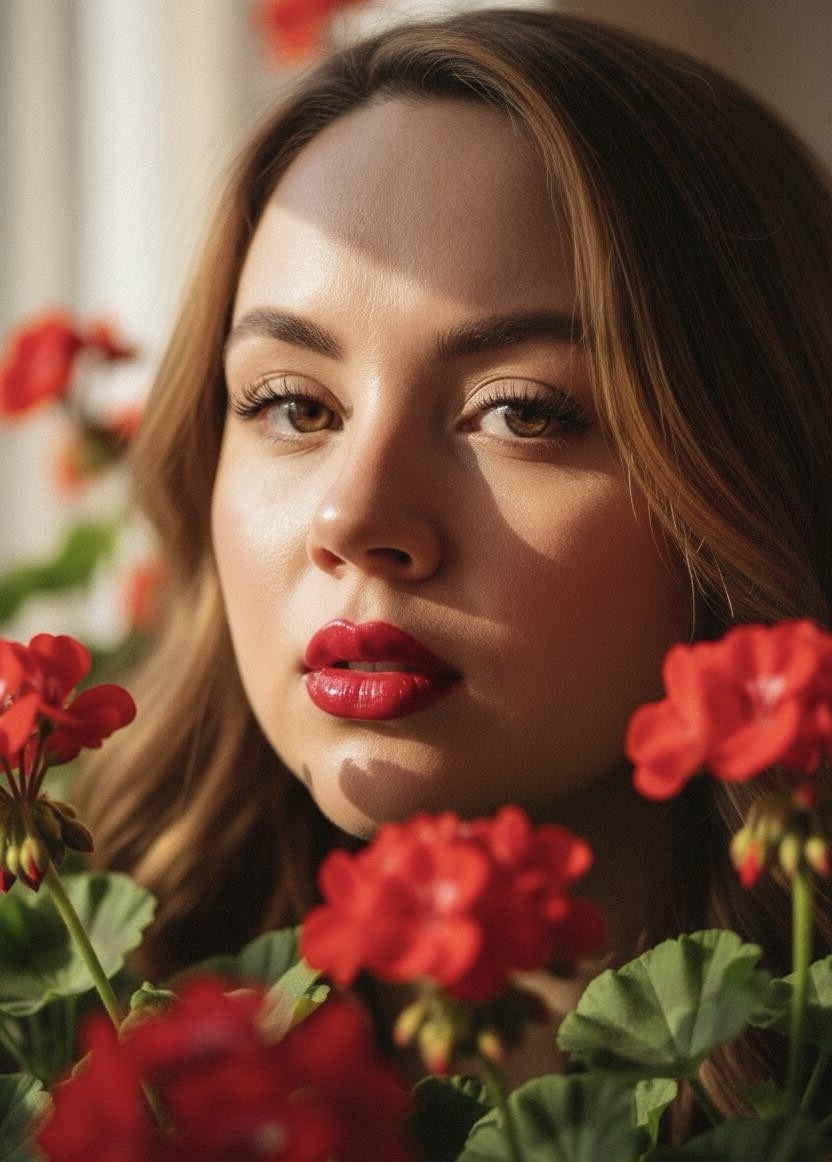 Rubí, fundadora de The Eden Studio, rodeada de flores con luz natural