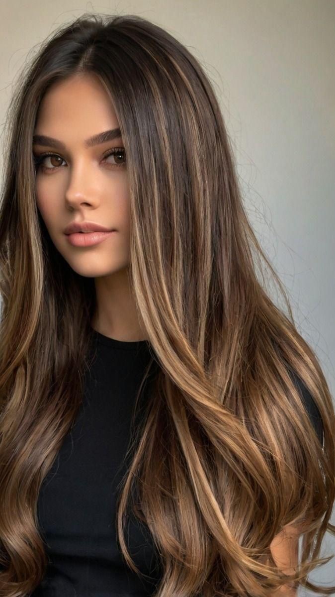 Balayage caramelo en cabello largo liso