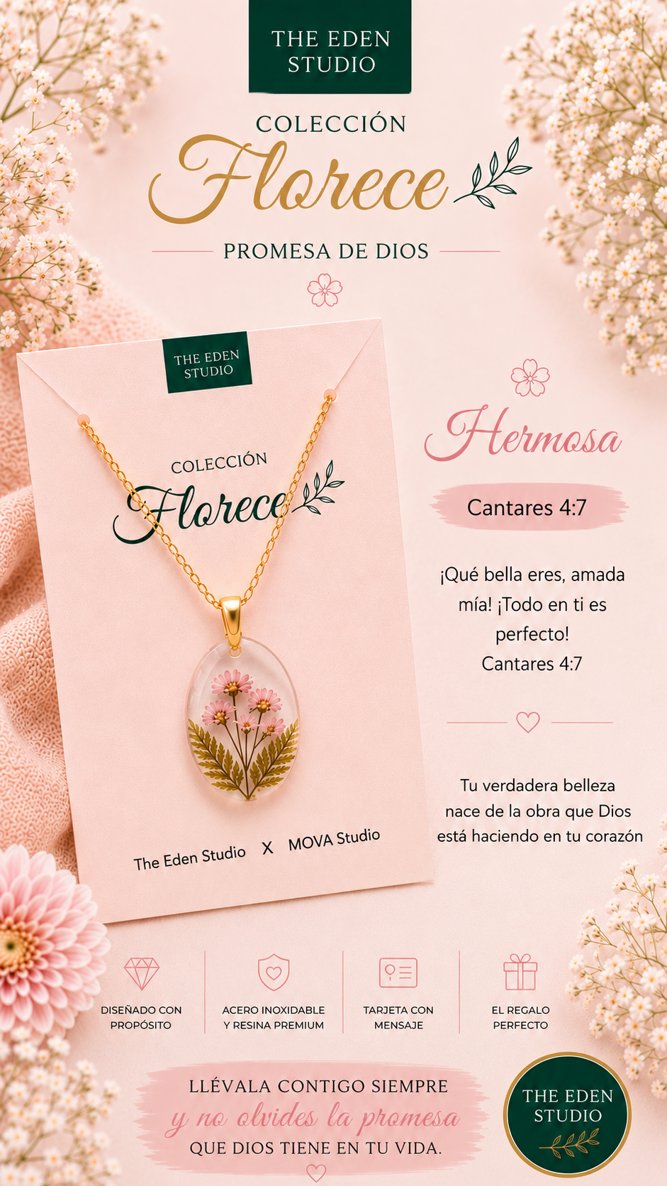 Collar Hermosa de la colección Florece con flores rosas prensadas en resina y tarjeta rosa pálido