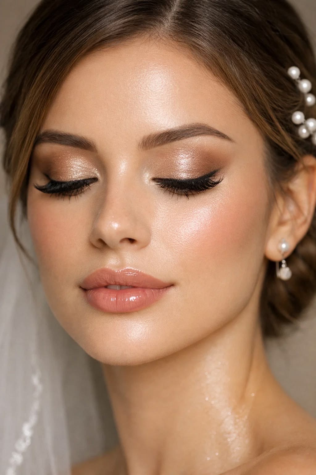 Maquillaje de novia con piel luminosa y ojo ahumado suave