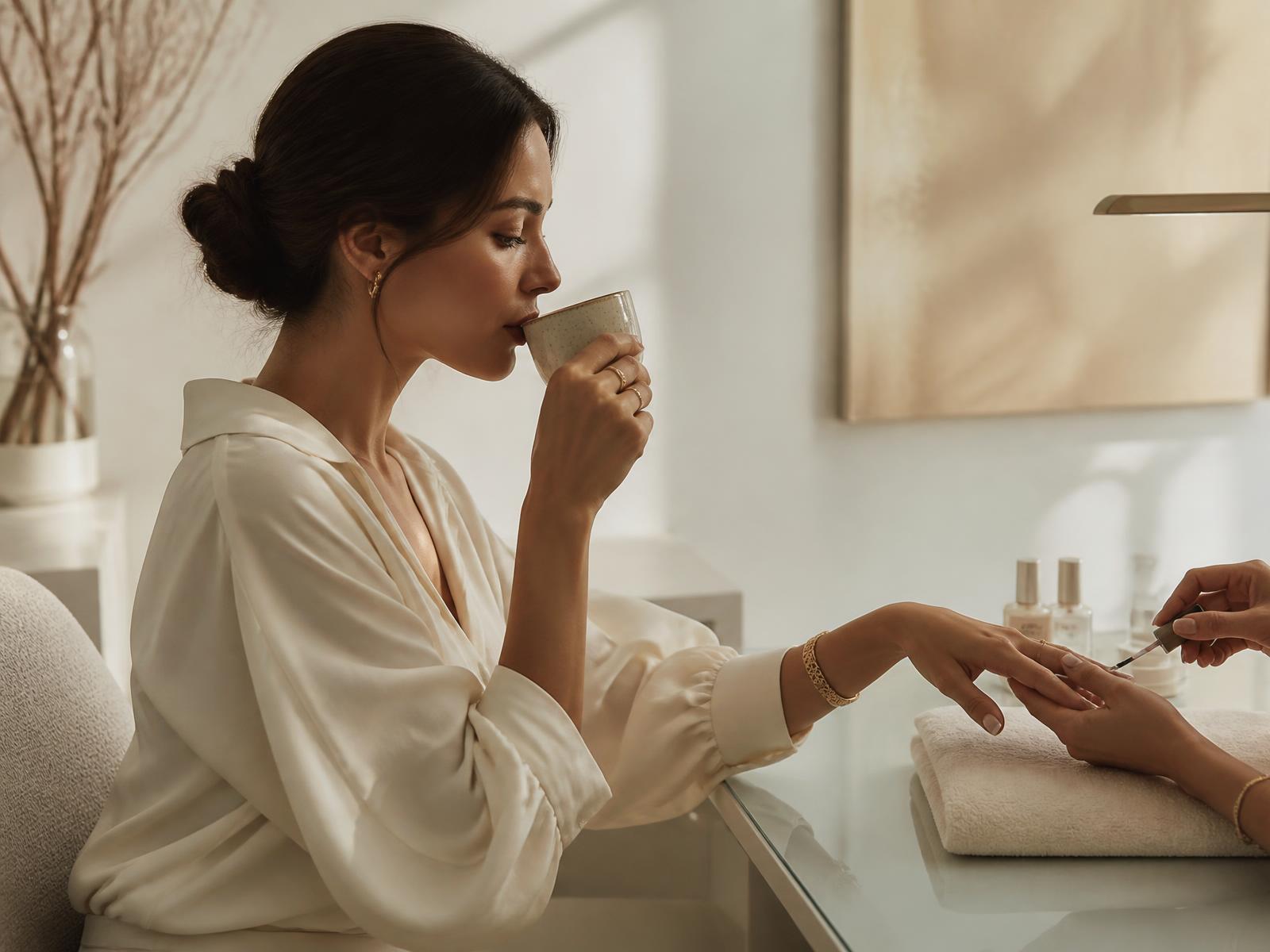 Mujer disfrutando un café mientras recibe un servicio de manicura en The Eden Studio
